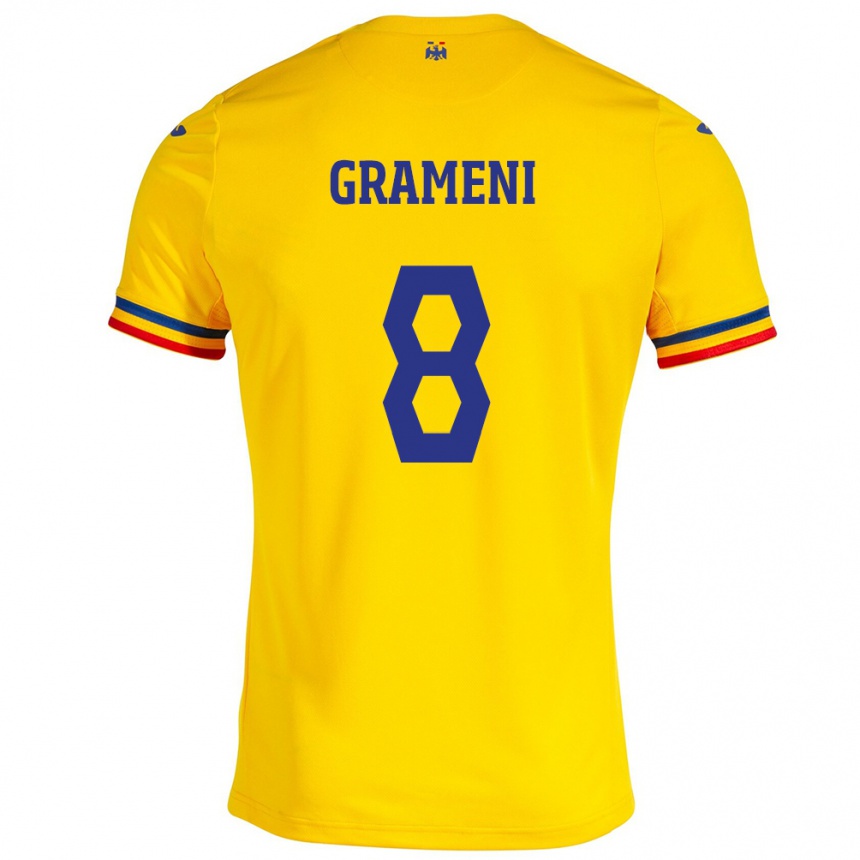 Kids Football Romania Constantin Grameni #8 Yellow Home Jersey 24-26 T-Shirt Za