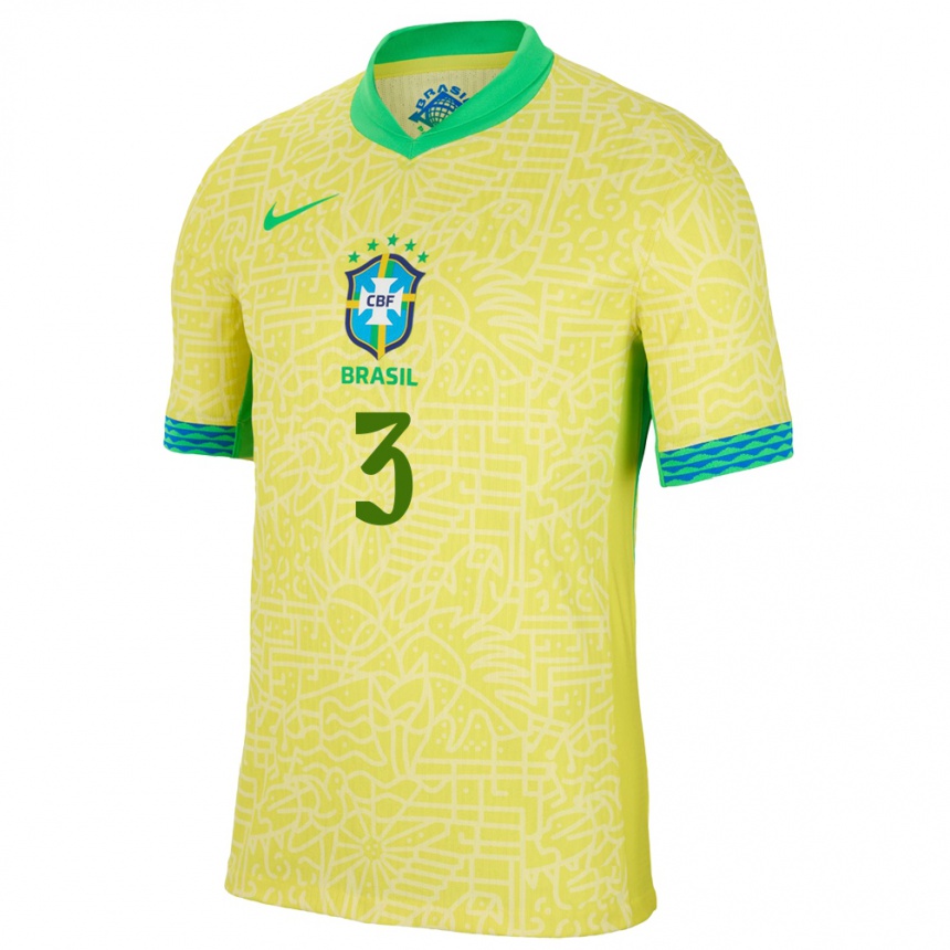 Kids Football Brazil Eder Militao #3 Yellow Home Jersey 24-26 T-Shirt Za