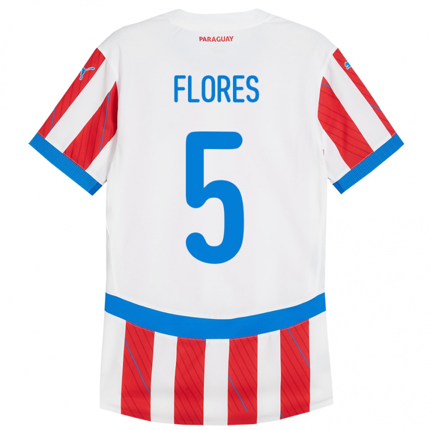 Kids Football Paraguay Gilberto Flores #5 White Red Home Jersey 24-26 T-Shirt Za