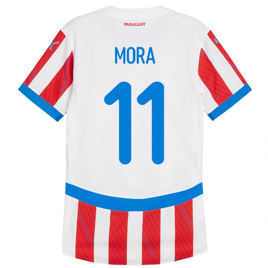 Kids Football Paraguay Jorge Mora #11 White Red Home Jersey 24-26 T-Shirt Za