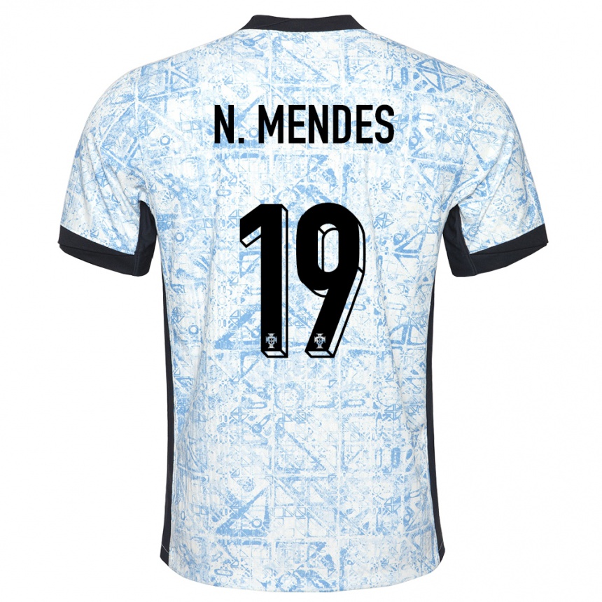 Men Football Portugal Nuno Mendes #19 Cream Blue Away Jersey 24-26 T-Shirt Za