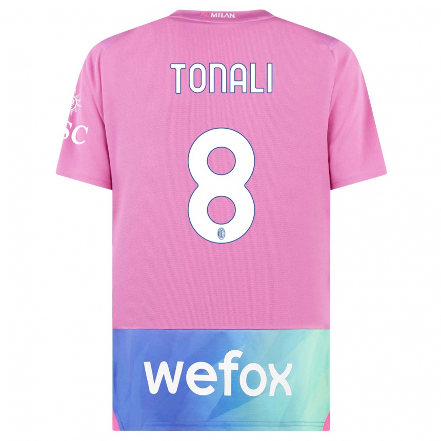 Women  Sandro Tonali #8 Pink Purple Third Jersey 2023/24 T-Shirt Za