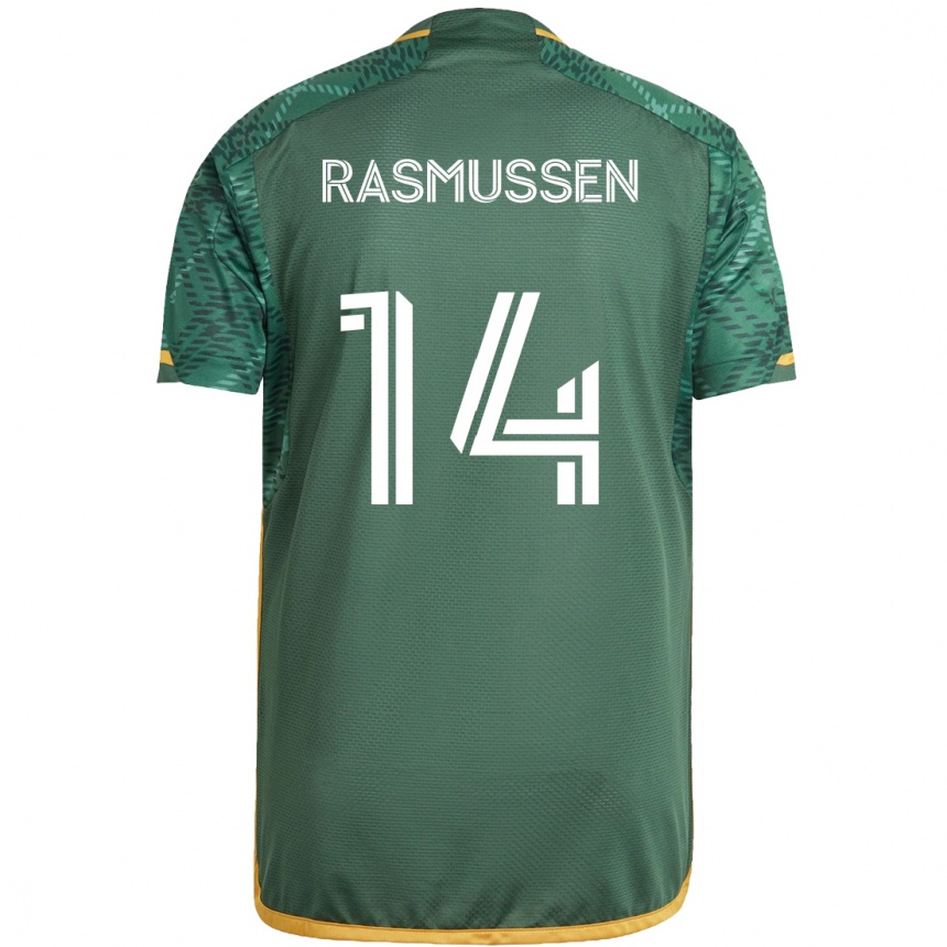 Kids Football Justin Rasmussen #14 Green Orange Home Jersey 2024/25 T-Shirt Za