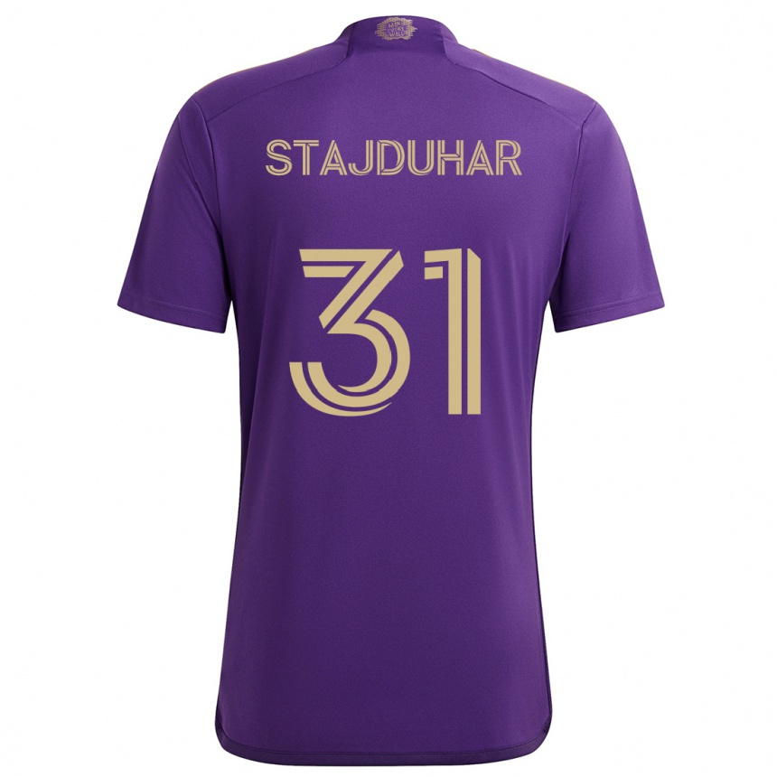 Kids Football Mason Stajduhar #31 Purple Yellow Home Jersey 2024/25 T-Shirt Za