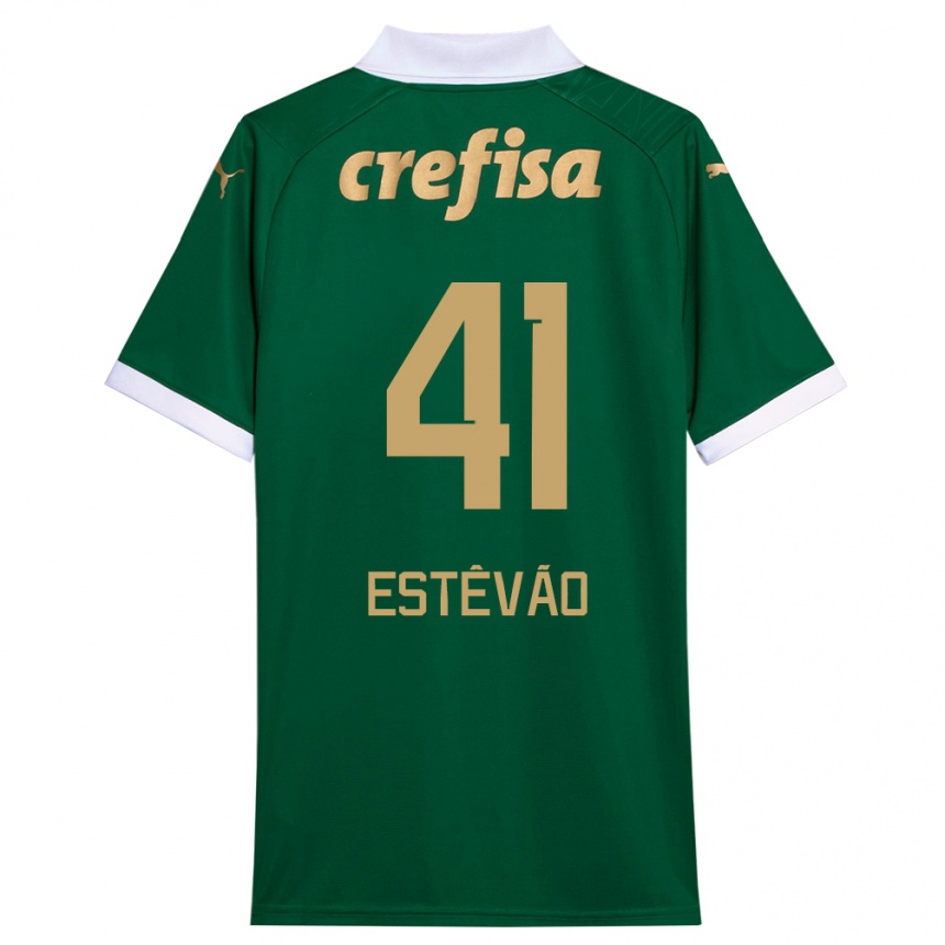 Kids Football Estêvão #41 Green White Home Jersey 2024/25 T-Shirt Za