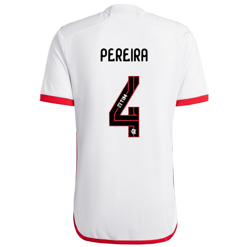 Kids Football Léo Pereira #4 White Red Away Jersey 2024/25 T-Shirt Za