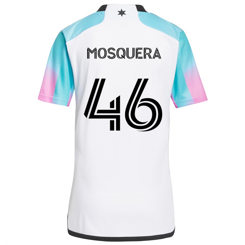 Men Football Juan Camilo Mosquera #46 White Blue Black Away Jersey 2024/25 T-Shirt Za