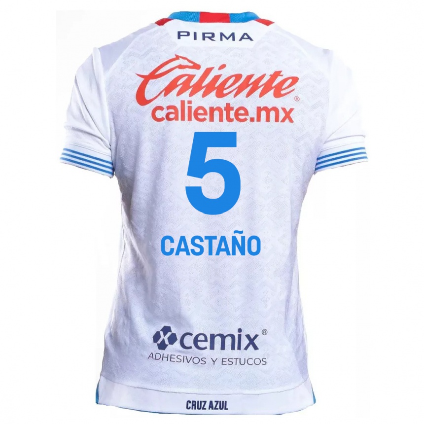 Kids Football Kevin Castaño #5 White Blue Away Jersey 2024/25 T-Shirt Za