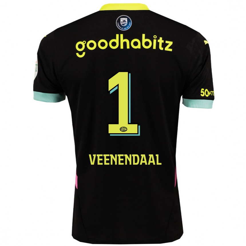 Kids Football Sari Van Veenendaal #1 Black Yellow Away Jersey 2024/25 T-Shirt Za