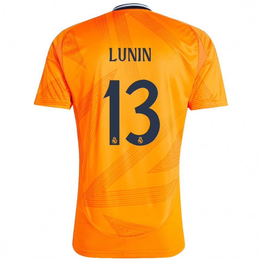 Kids Football Andriy Lunin #13 Orange Away Jersey 2024/25 T-Shirt Za