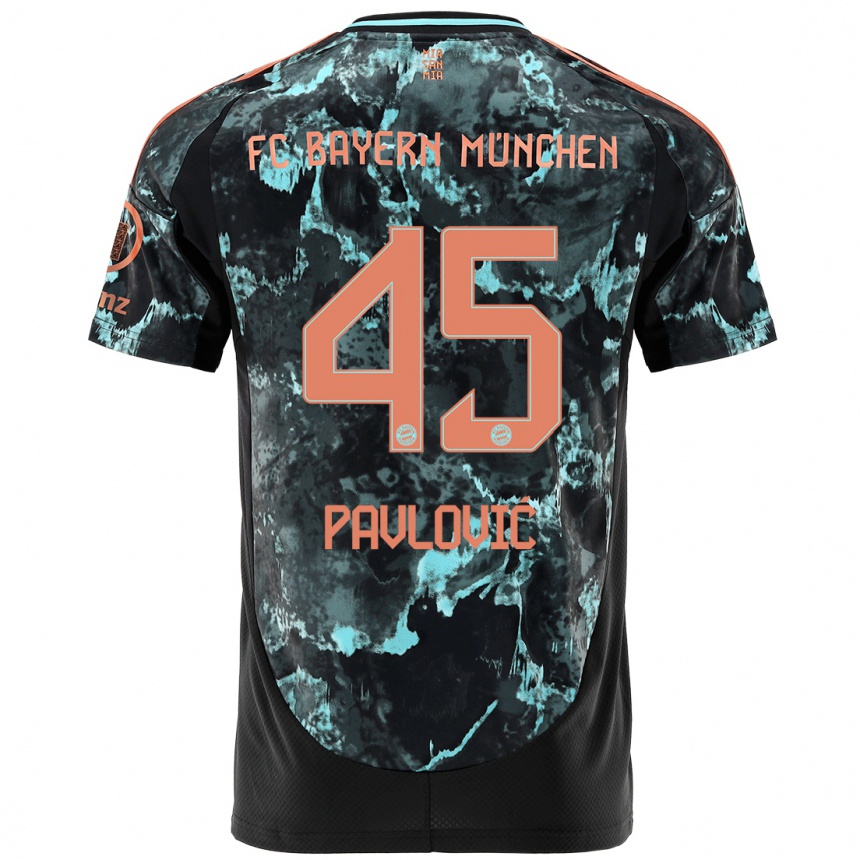 Kids Football Aleksandar Pavlovic #45 Black Away Jersey 2024/25 T-Shirt Za