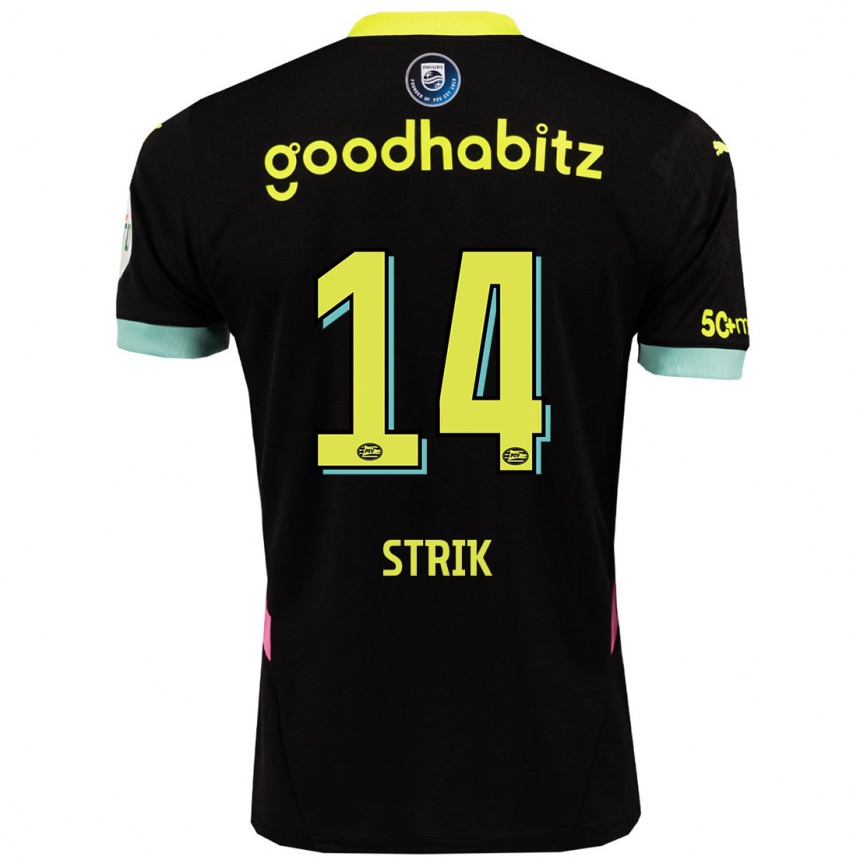 Men Football Laura Strik #14 Black Yellow Away Jersey 2024/25 T-Shirt Za