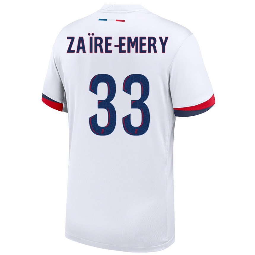 Men Football Warren Zaire Emery #33 White Blue Red Away Jersey 2024/25 T-Shirt Za