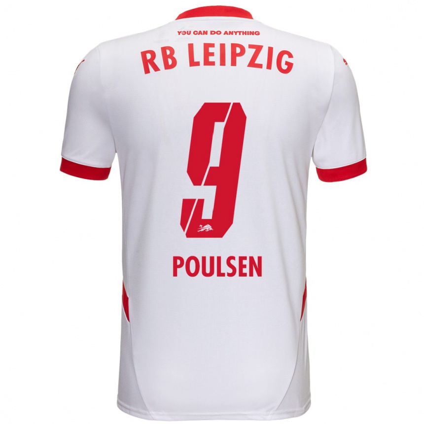 Kids Football Yussuf Poulsen #9 White Red Home Jersey 2024/25 T-Shirt Za