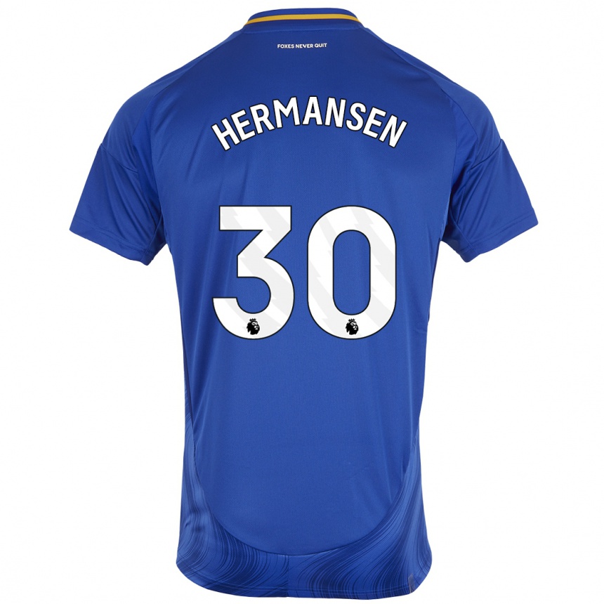 Kids Football Mads Hermansen #30 Blue White Home Jersey 2024/25 T-Shirt Za