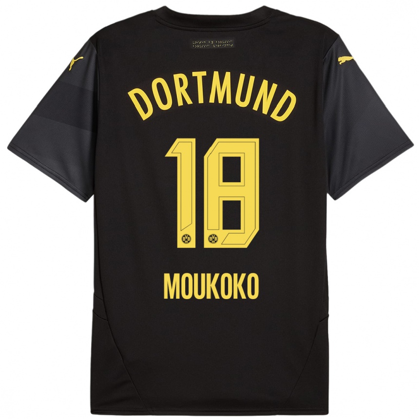 Kids Football Youssoufa Moukoko #18 Black Yellow Away Jersey 2024/25 T-Shirt Za