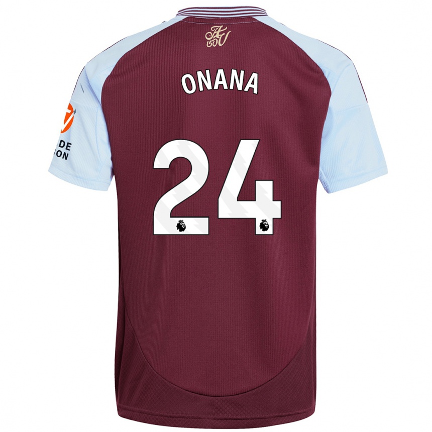 Women Football Amadou Onana #24 Burgundy Sky Blue Home Jersey 2024/25 T-Shirt Za