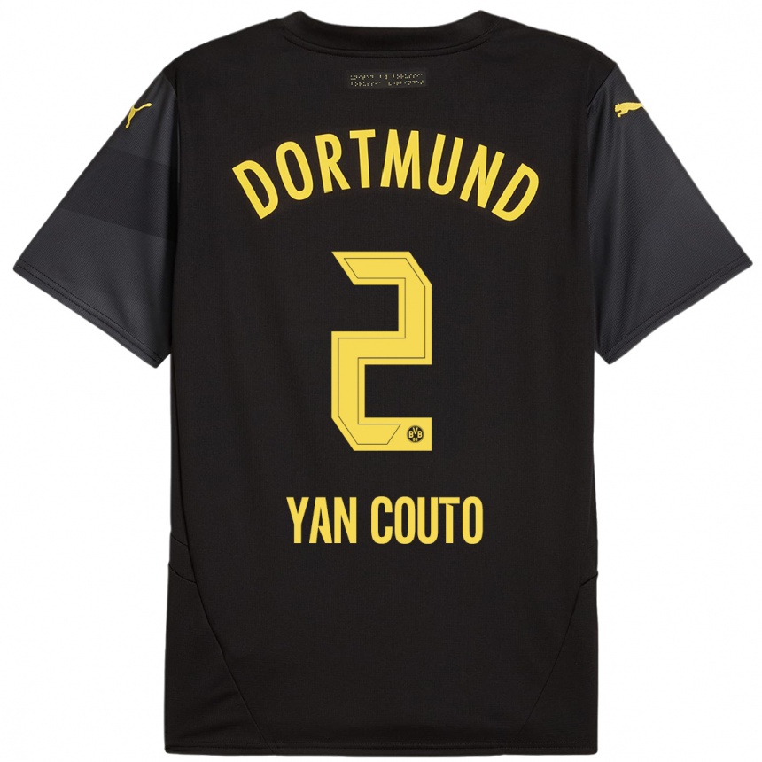 Women Football Yan Couto #2 Black Yellow Away Jersey 2024/25 T-Shirt Za