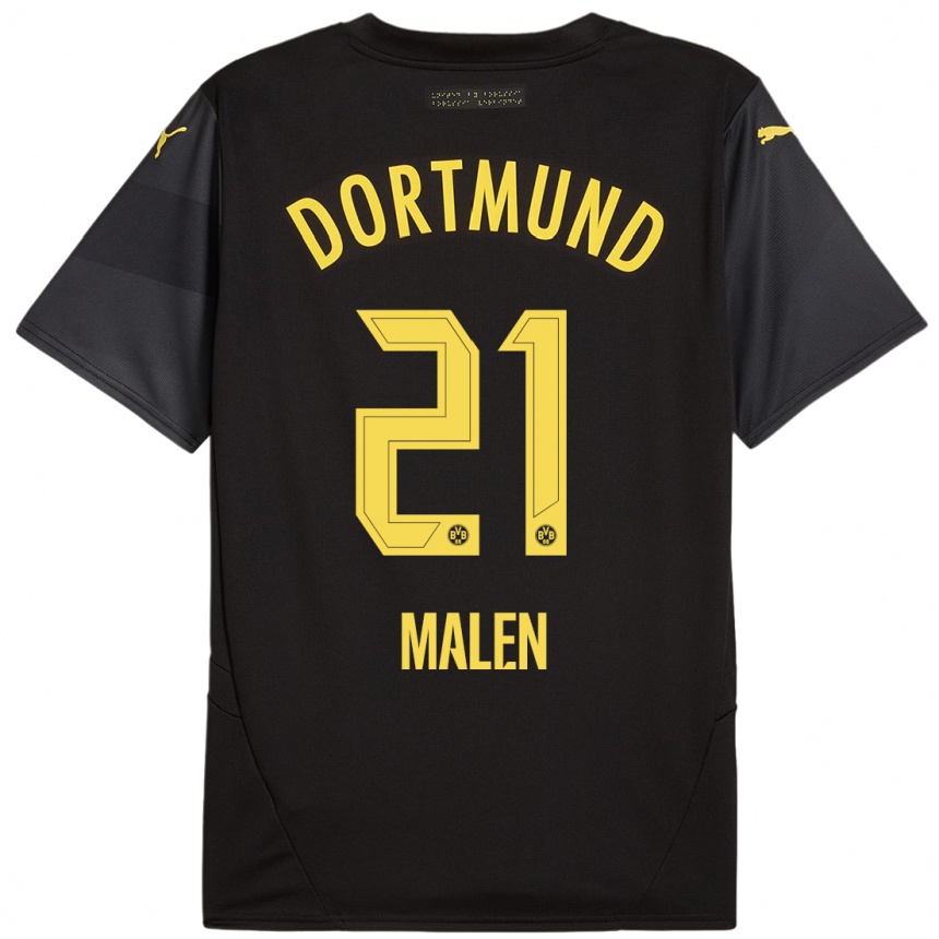 Women Football Donyell Malen #21 Black Yellow Away Jersey 2024/25 T-Shirt Za