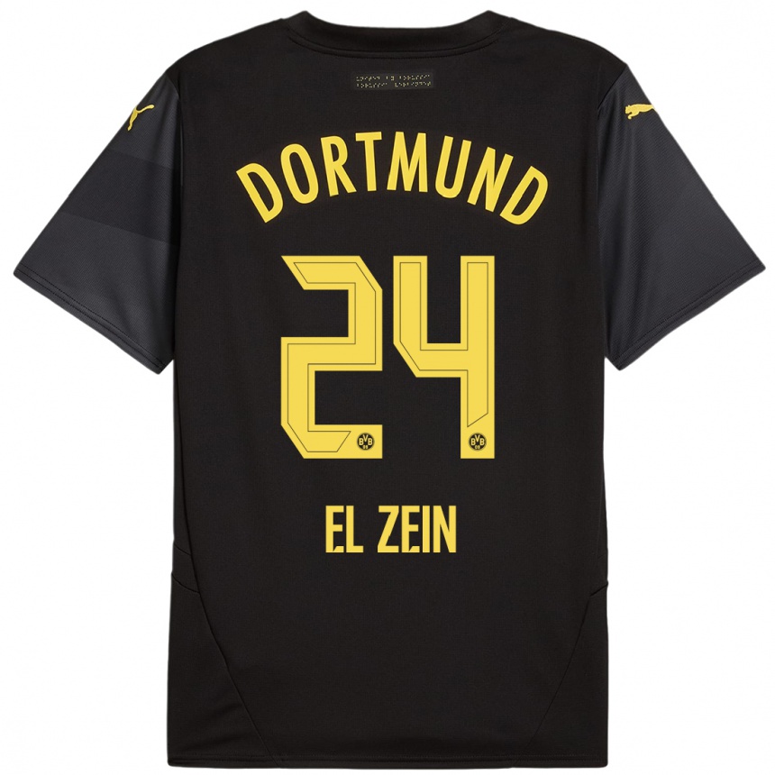 Women Football Abu-Bekir Omer El-Zein #24 Black Yellow Away Jersey 2024/25 T-Shirt Za