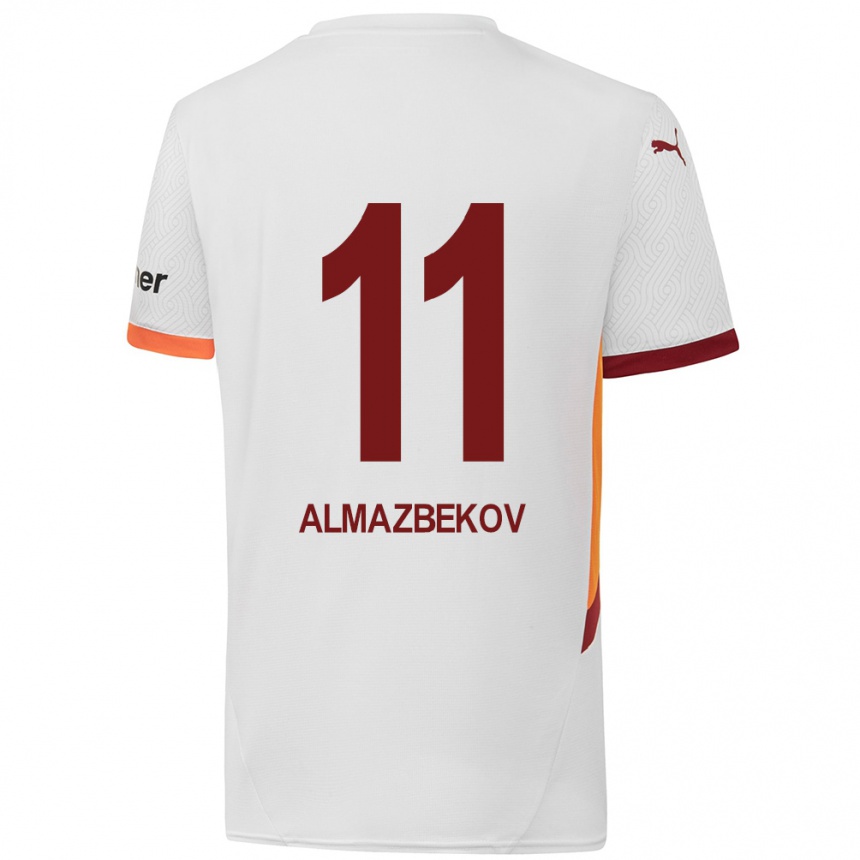 Kids Football Beknaz Almazbekov #11 White Yellow Red Away Jersey 2024/25 T-Shirt Za