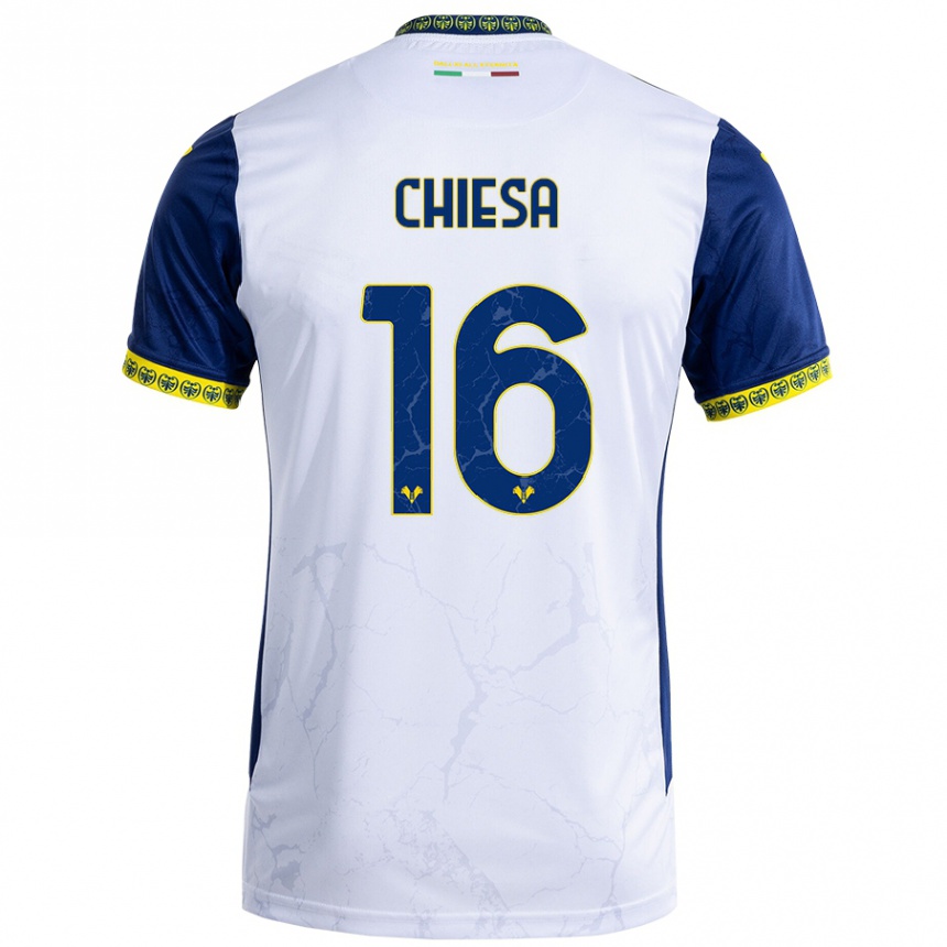 Kids Football Mattia Chiesa #16 White Blue Away Jersey 2024/25 T-Shirt Za