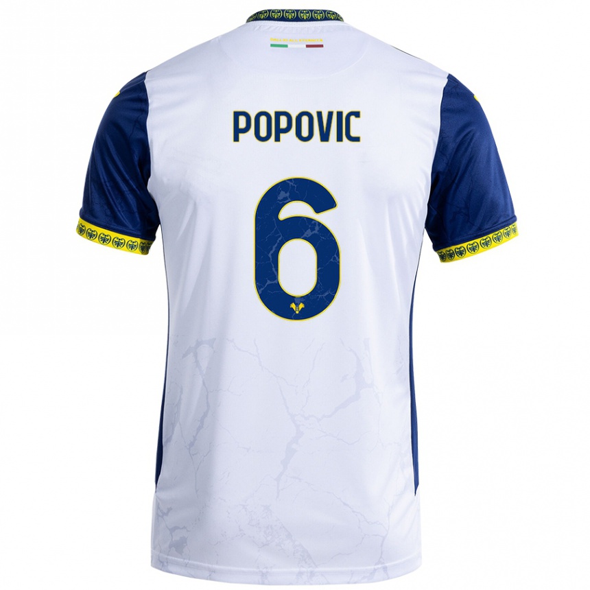 Kids Football Andrej Popovic #6 White Blue Away Jersey 2024/25 T-Shirt Za