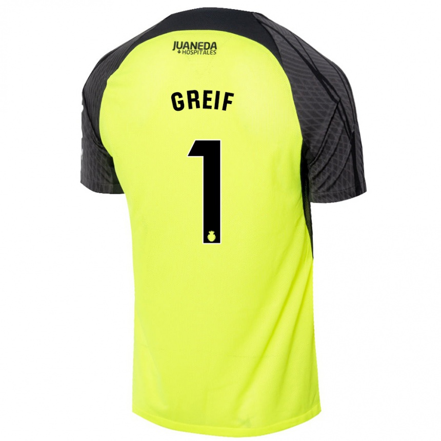 Men Football Dominik Greif #1 Fluorescent Green Black Away Jersey 2024/25 T-Shirt Za