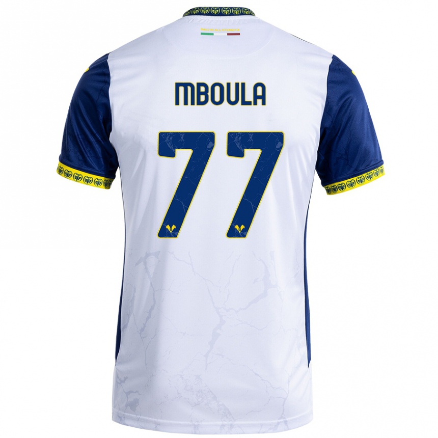 Men Football Jordi Mboula #77 White Blue Away Jersey 2024/25 T-Shirt Za