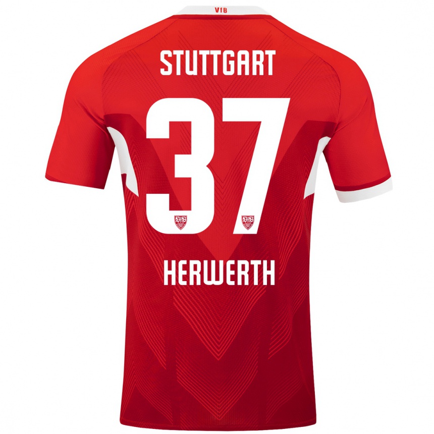 Women Football Maximilian Herwerth #37 Red White Away Jersey 2024/25 T-Shirt Za