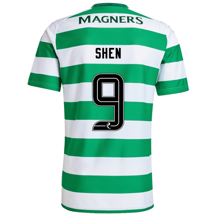 Kids Football Shen Mengyu #9 Green White Home Jersey 2024/25 T-Shirt Za