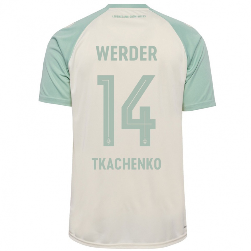 Kids Football Oleksandr Tkachenko #14 Off-White Light Green Away Jersey 2024/25 T-Shirt Za